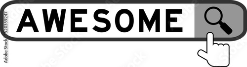 Search banner in word awesome with hand over magnifier icon on white background