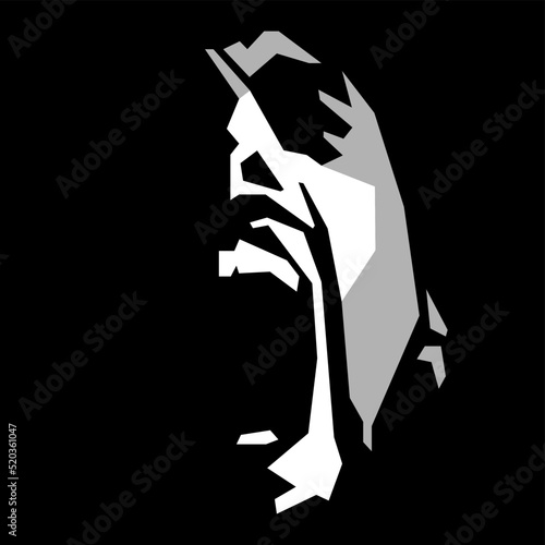vector black and white light and shadow image. silhouette of a man's face that screams in despair shaped by a shadow isolated on a black background. depression, mental health, emotion problem, PTSD.