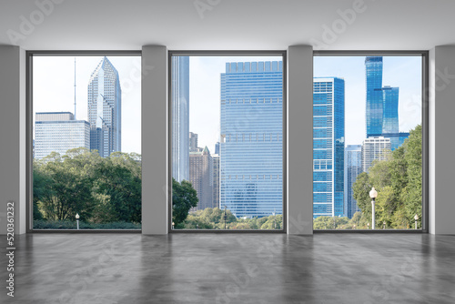 Downtown Chicago City Skyline Buildings from High Rise Window. Beautiful Expensive Real Estate overlooking. Epmty room Interior Skyscrapers View in Penthouse Cityscape. Day time. 3d rendering.