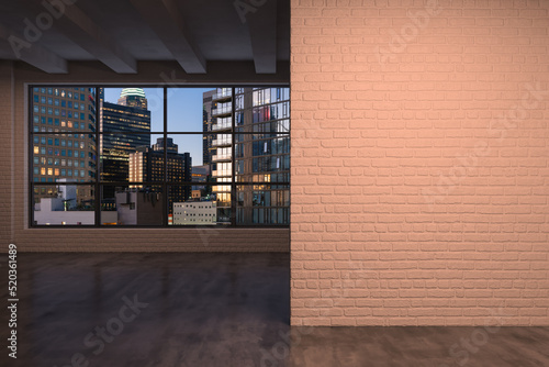 Downtown Los Angeles City Skyline Buildings from High Rise Window. Beautiful Expensive Real Estate overlooking. Empty room Interior. Mockup wall. Skyscrapers. Night. California. 3d rendering.