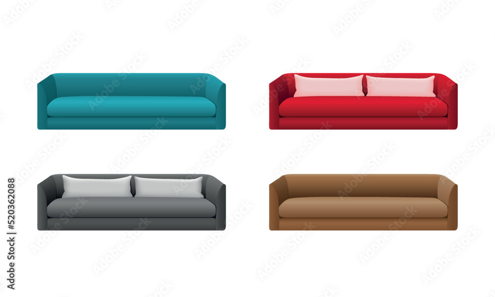 Set of 3d red, black, blue and brown sofa on white background. Collection of realistic sofas. Modern element furniture for interior. Vector illustration Set of 3d red, black, blue and brown sofa on white background. Collection of realistic sofas. Modern element furniture for interior. Vector illustration