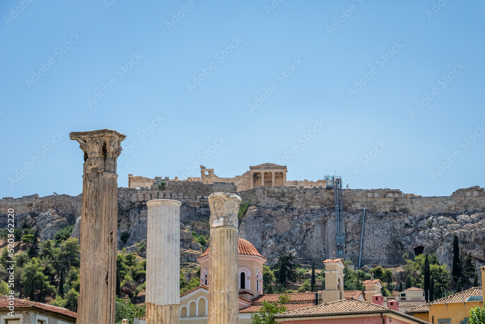 View of Acropolis and Parthenon in Athens Greece, seen from the Hadrian's Library