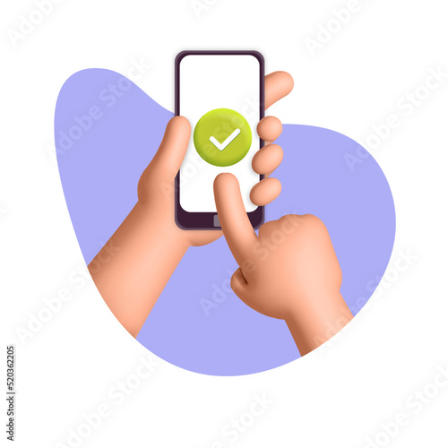 3d vector  hands holding cell with green check mark mobile app on violet abstract shape design illustration