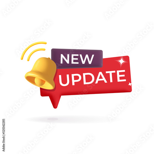 New upgrade red label tag with yellow bell reminder notification 3d vector design concept. Business and customer service, online shop, help, new offer,  announcement, customer information, shopping