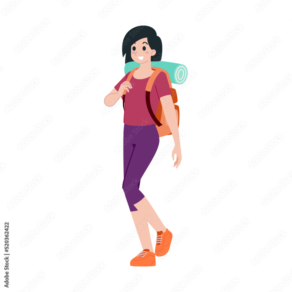 Young happy woman tourist flat cartoon character. Traveling people on summer vacation trip, Isolated on white background. Young happy woman tourist flat cartoon character. Traveling people on summer vacation trip, Isolated on white background.