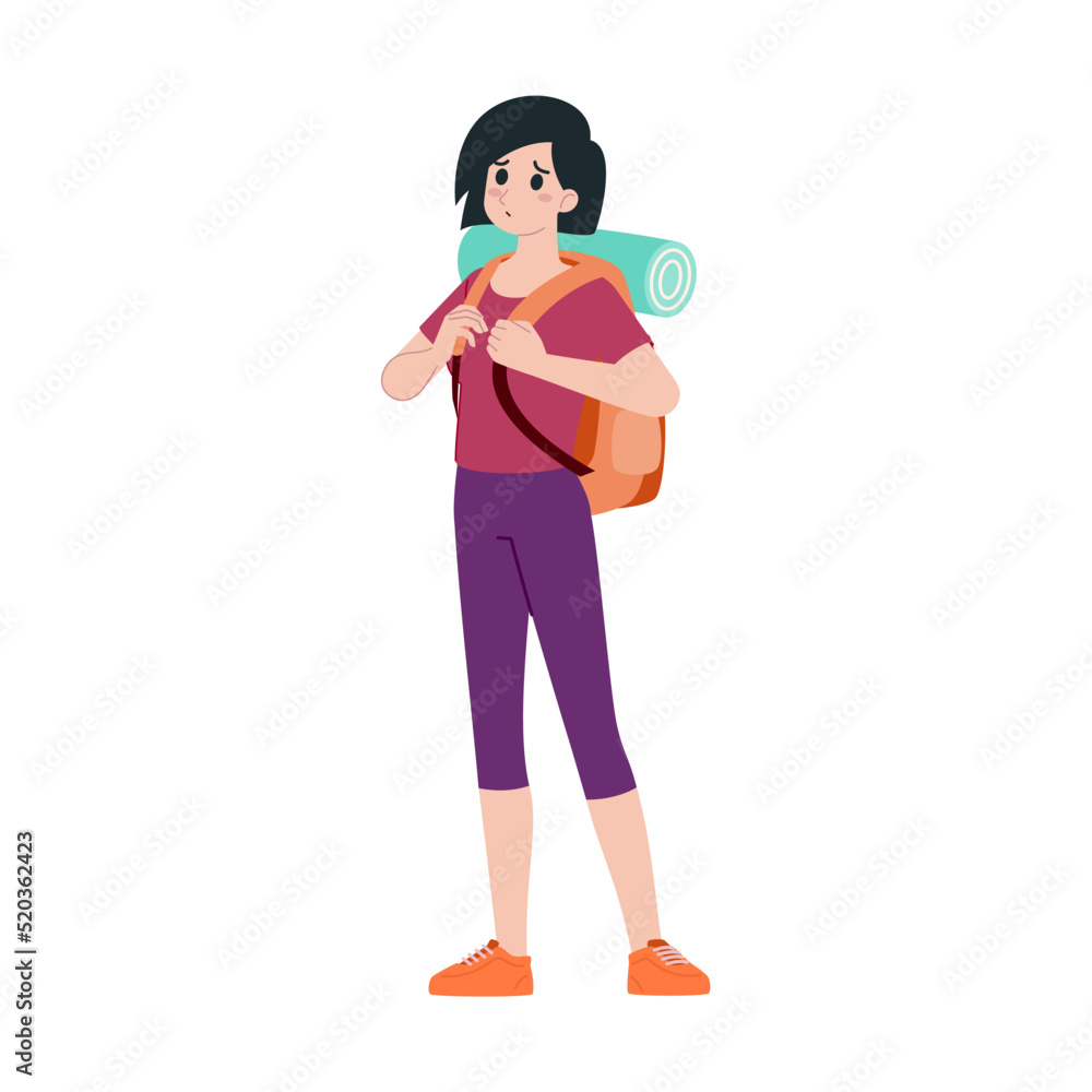 Young happy woman tourist flat cartoon character. Traveling people on summer vacation trip, Isolated on white background. Young happy woman tourist flat cartoon character. Traveling people on summer vacation trip, Isolated on white background.