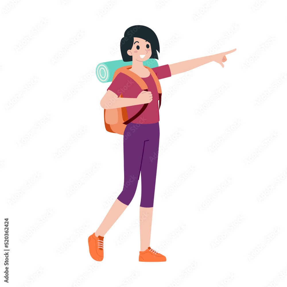 Young happy woman tourist flat cartoon character. Traveling people on summer vacation trip, Isolated on white background. Young happy woman tourist flat cartoon character. Traveling people on summer vacation trip, Isolated on white background.