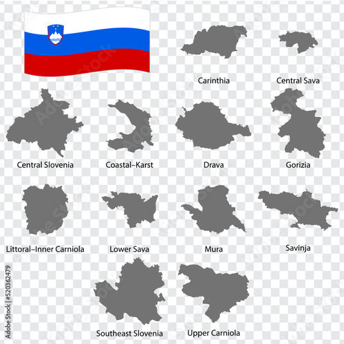 Eight Maps Regions of Slovenia - alphabetical order with name. Every single map of Region are listed and isolated with wordings and titles. Slovenia. EPS 10.