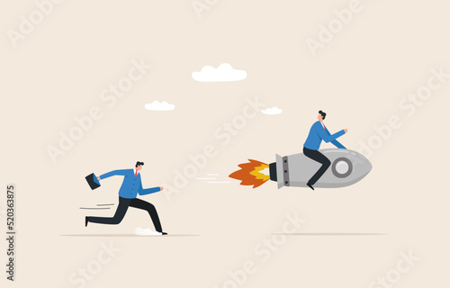 Competitive advantage. Strategy or smart way to win business or career growth. Businessman with rocket guides to victory.