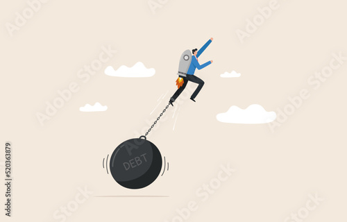 Overcome financial or debt hurdles. Financial freedom or independence. break free from bondage. Businessman beats a giant steel ball with a high-speed  jetpack rocket.