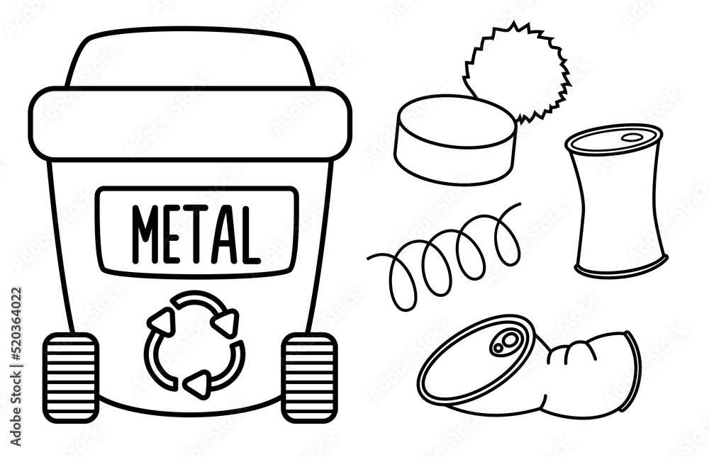 Black and white rubbish bin for metal waste with different garbage