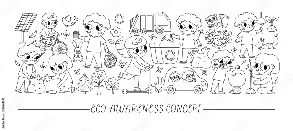 Vector ecological black and white horizontal set with cute children caring of nature. Earth day card template for banners, invitations. Cute environment friendly coloring page with planet.