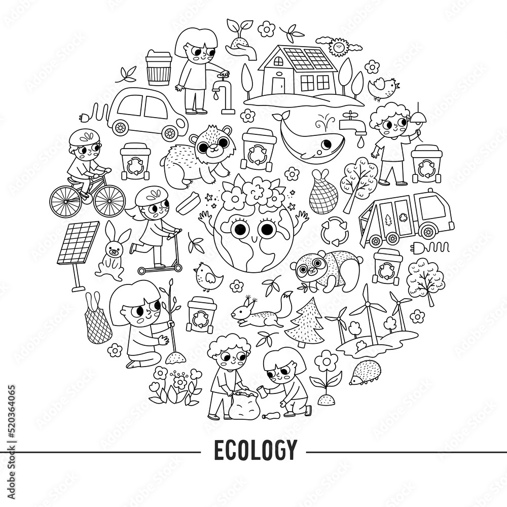 Vector black and white ecological round frame with cute children caring of nature. Earth day card template for banners, invitations. Cute environment friendly coloring page.