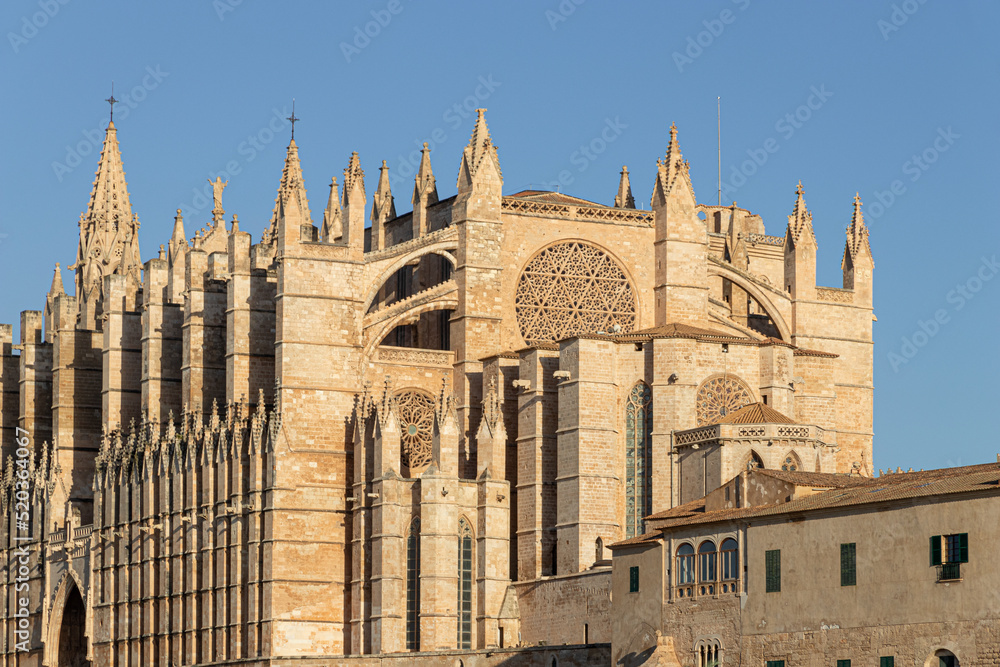 Palma de Mallorca, Spain. Facade and rose window called Ojo del Gotico (Gothic Eye) of the Santa Maria Cathedral