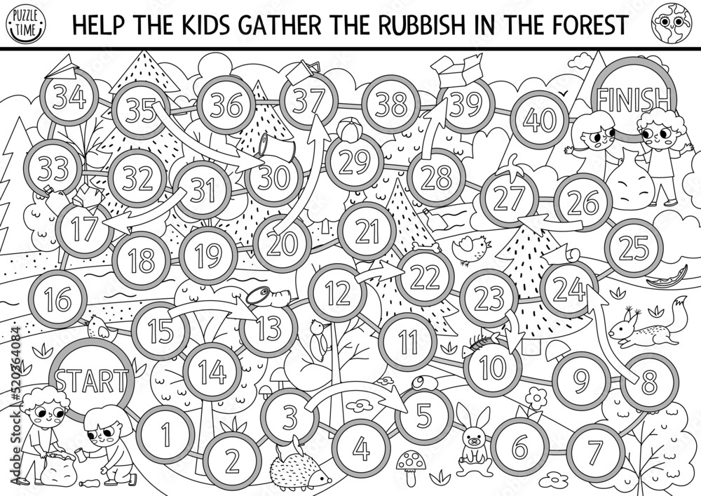 Ecological black and white dice board game for children with kids gathering rubbish in forest. Earth day line boardgame. Waste recycling printable coloring page. Eco awareness or zero waste activity
Ecological black and white dice board game for children with kids gathering rubbish in forest. Earth day line boardgame. Waste recycling printable coloring page. Eco awareness or zero waste activity