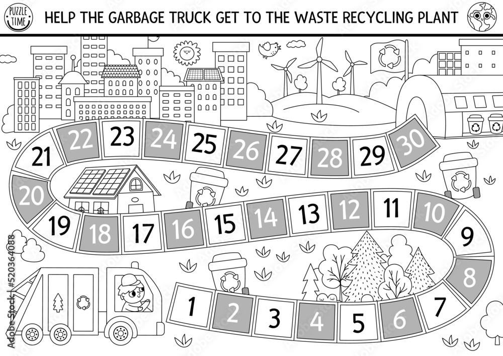 Ecological black and white dice board game for children with garbage truck going to waste recycling plant. Earth day line boardgame.  Nature protection printable coloring page
