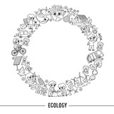 Vector black and white ecological round frame with cute children caring of nature. Earth day card template for banners, invitations. Cute environment friendly coloring page.