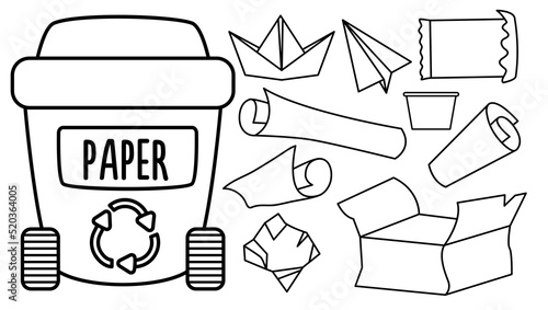 Black and white rubbish bin for paper waste with different garbage. Waste recycling and sorting concept or coloring page. Vector trash container and litter illustration. Ecological line set.
