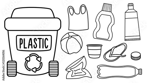 Black and white rubbish bin for plastic waste with different garbage. Waste recycling and sorting concept or coloring page. Vector trash container and litter illustration. Ecological line set.