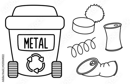 Black and white rubbish bin for metal waste with different garbage. Waste recycling and sorting concept or coloring page. Vector trash container and litter illustration. Ecological line set.