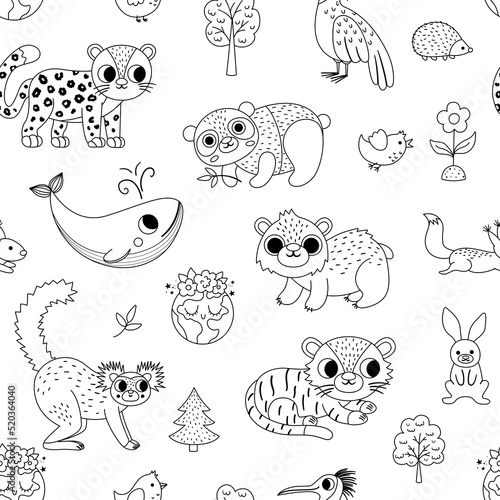 Vector black and white endangered species seamless pattern. Cute extinct animals repeat background. Funny digital paper or coloring page for kids with leopard, whale, polar bear, panda.
