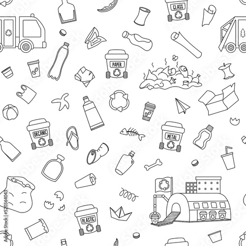 Waste recycling and sorting black and white seamless pattern. Vector ecological repeat background for kids. Earth day coloring page with rubbish bins, plastic, glass, organic, paper garbage.