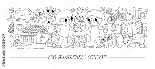 Vector ecological black and white horizontal set with cute children caring of nature. Earth day card template for banners, invitations. Cute environment friendly coloring page with planet.
