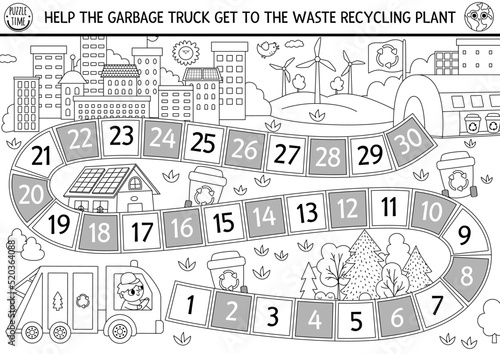 Ecological black and white dice board game for children with garbage truck going to waste recycling plant. Earth day line boardgame.  Nature protection printable coloring page
