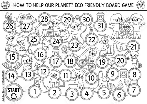 Ecological dice board game for children with kids caring of environment. Earth day boardgame.  Waste recycling printable activity or worksheet. Eco awareness or zero waste activity.