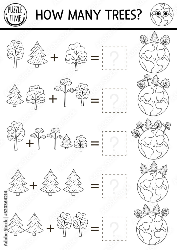 How many trees black and white game with cute Ecological math addition activity for