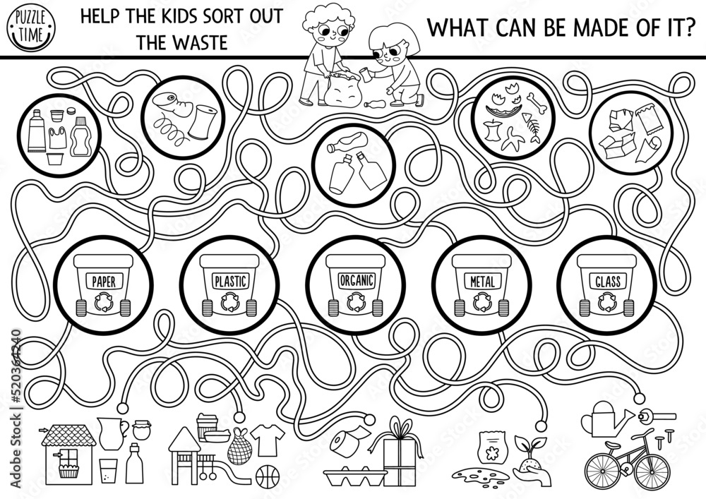 Ecological black and white maze for children with kids sorting out the rubbish. Earth day preschool activity. Zero waste labyrinth coloring page. What can be made of waste Ecological black and white maze for children with kids sorting out the rubbish. Earth day preschool activity. Zero waste labyrinth coloring page. What can be made of waste