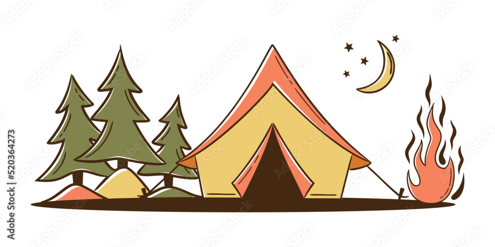 Adventures concept with Camping tent, forest and campfire and hand-lettering sign. Camping, traveling, trip, hiking, nature, journey, concept. Vector illustration for poster, banner, website Adventures concept with Camping tent, forest and campfire and hand-lettering sign. Camping, traveling, trip, hiking, nature, journey, concept. Vector illustration for poster, banner, website