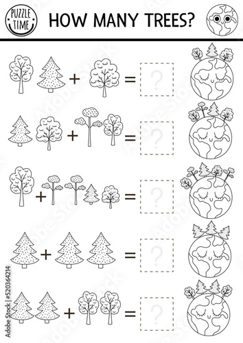 How many trees black and white game with cute planet. Ecological math addition activity for preschool children. Simple eco earth day printable counting coloring page for kids with plants and Earth