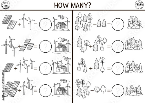 How many trees, wind turbines and solar panels game. Ecological house math addition activity for preschool children. Simple eco earth day printable counting worksheet for kids.
