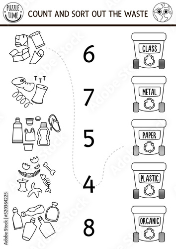 Match the numbers black and white ecological game with garbage, rubbish bins. Zero waste math activity. Eco awareness educational counting coloring page with waste sorting concept
