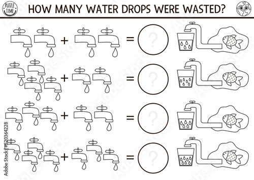 How many drops black and white game with taps. Ecological math addition activity for preschool children. Simple eco earth day printable counting coloring page for kids
