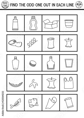 Find the odd one out. Ecological black and white logical activity for children. Eco awareness zero waste educational quiz worksheet for kids for attention skills. Simple printable coloring page