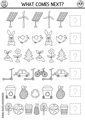 What comes next. Ecological black and white matching activity for preschool children with eco awareness symbols. Earth day logical coloring page. Continue the row game