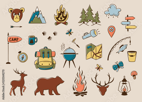 Camping and hiking colored elements. Outdoor adventure emblems. National Park icons. Forest, backpack, flags, wild animals. For Camp badges, labels, banners, brochures. Doodle vector illustration