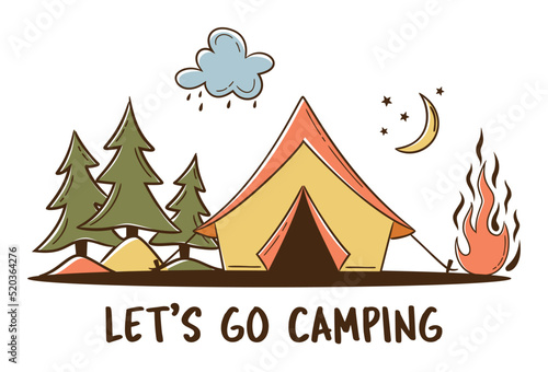 Adventures concept with Camping tent, forest and campfire and hand-lettering sign. Camping, traveling, trip, hiking, nature, journey, concept. Vector illustration for poster, banner, website
