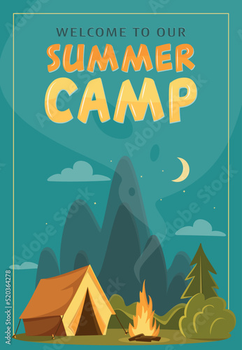 Promo summer camp flyer with mountains, campfire and tent. Camping, traveling, trip, hiking, nature, journey, picnic concept. A4 vector illustration for poster, banner, cover, special offer