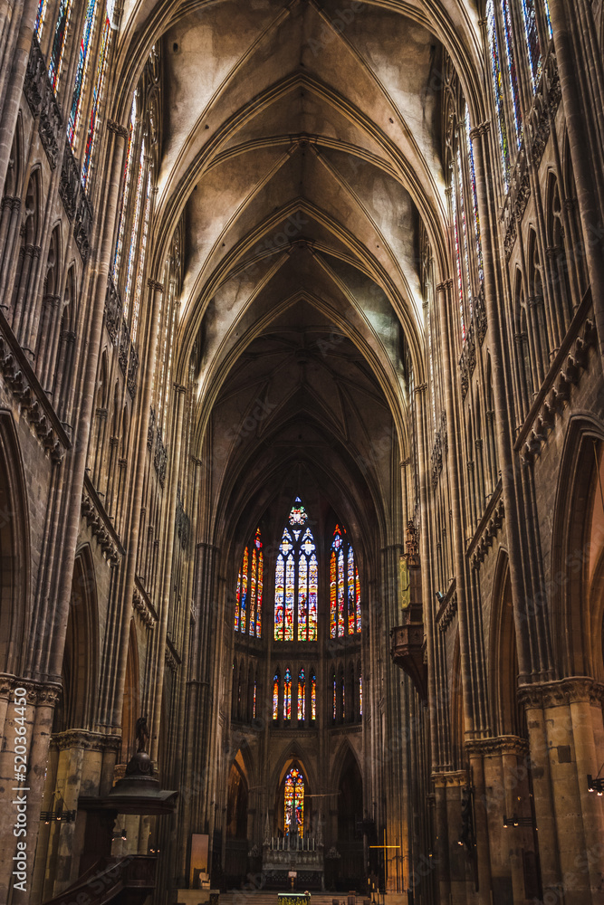 Central nave of the cathedral, vaults and the western canopy of Saint-Etienne Cathedral in Metz