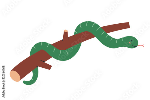 Cute boa, smiling jungle python snake character hanging on a tree branch, reptile mascot, tropical rainforest animal, isolated vector illustration on white background