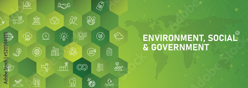 ESG Natural Environment Banner Icon Collection Zero net concept of environment, society and governance. Line icon set. EPS10 vector illustration.