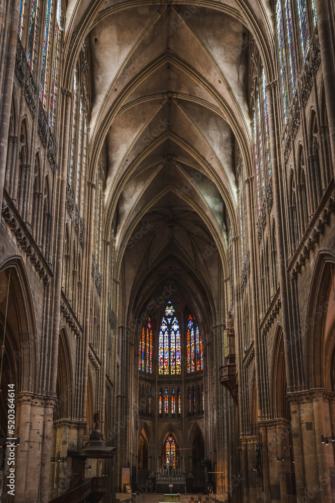 Central nave of the cathedral, vaults and the western canopy of Saint-Etienne Cathedral in Metz
