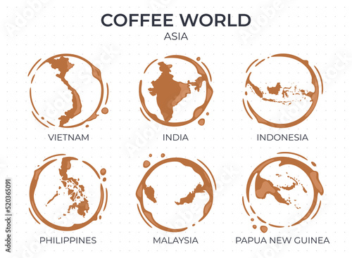 Collection of coffee cup round stains shaped like a coffee origin countries, producers and exporters from Asia