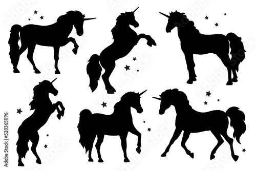 Flat design collection of unicorn silhouette. Magic creature contour set