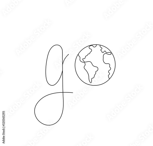 Vector isolated english word Go with planet earth symbol colorless black and white contour line drawing photo