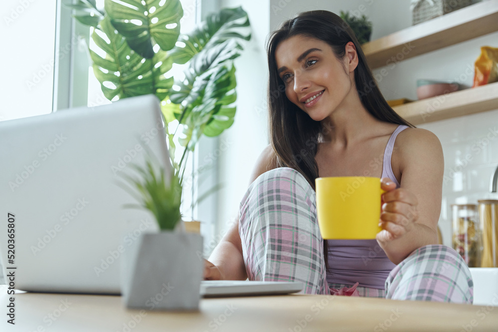 Beautiful young woman enjoying morning coffee and using laptop at the domestic kitchen Beautiful young woman enjoying morning coffee and using laptop at the domestic kitchen