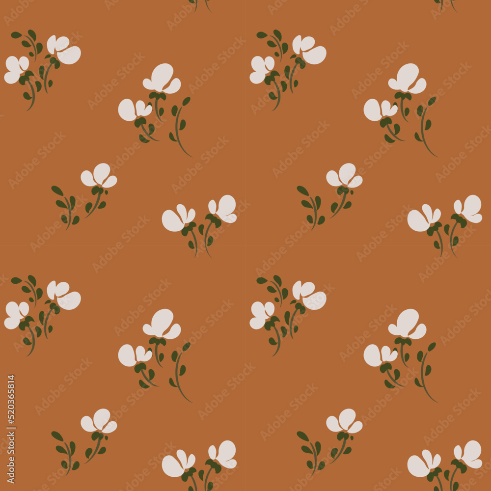 Seamless floral pattern, pretty ditsy print with small sparse plants on a brown field. Minimal botanical background with tiny hand drawn flowers, leaves on thin stems. Vector illustration. - obrazy, fototapety, plakaty 
